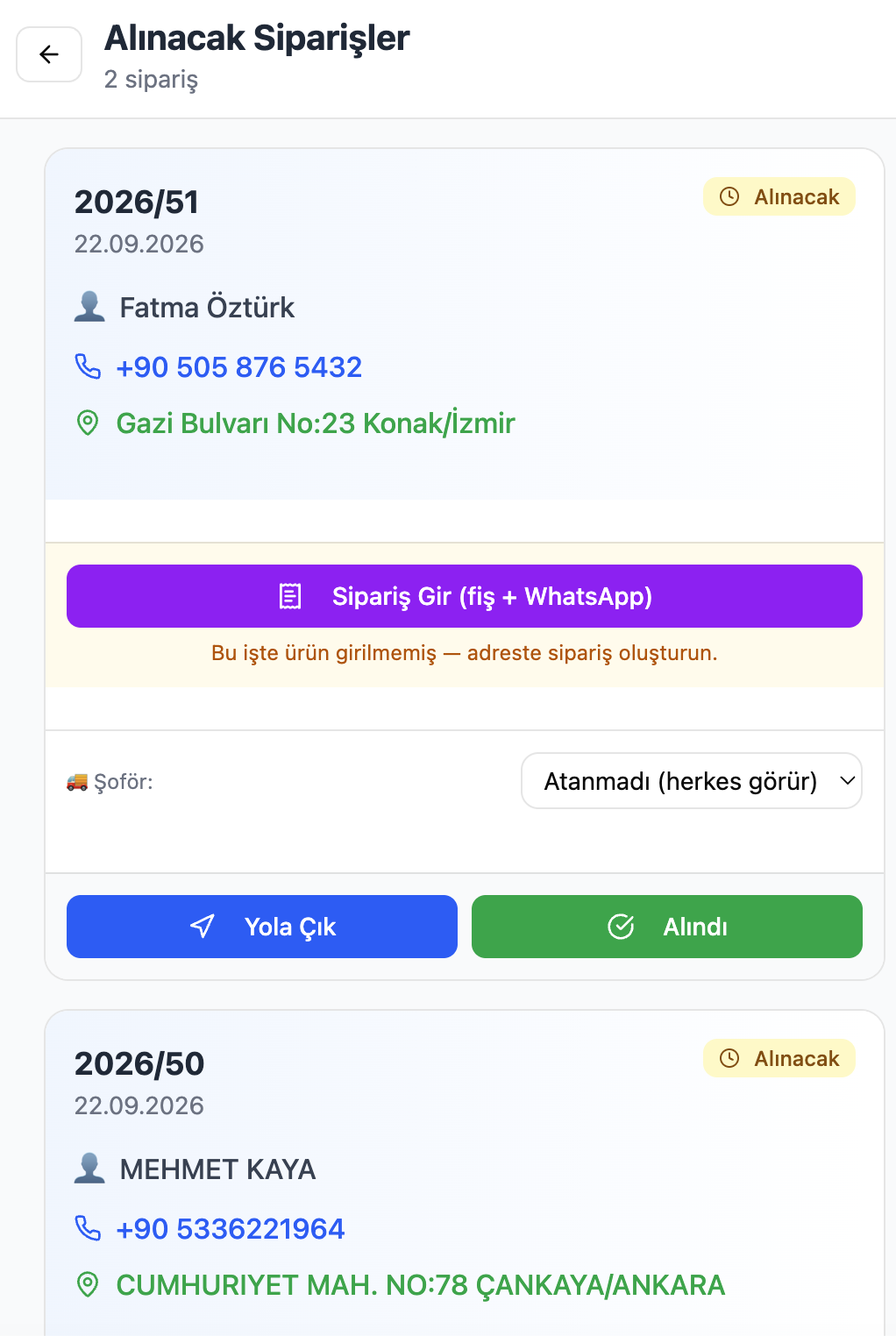 Pickup Orders screen — customer name, address, Hit the Road and Picked Up buttons