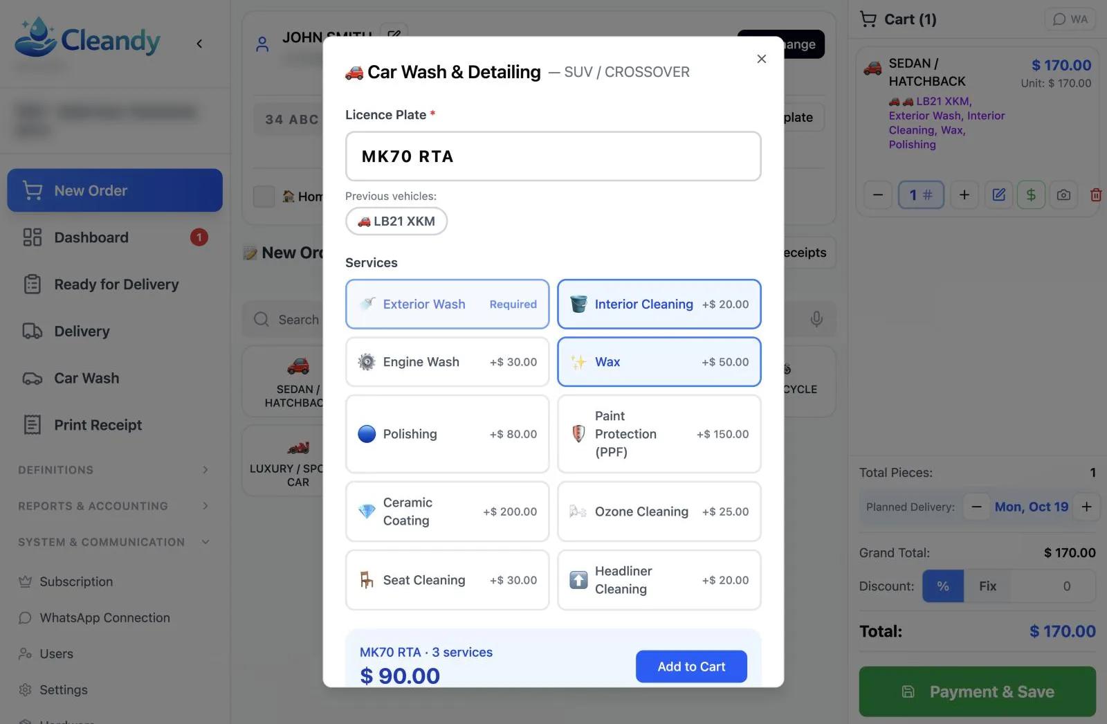 Cleandy car wash order screen