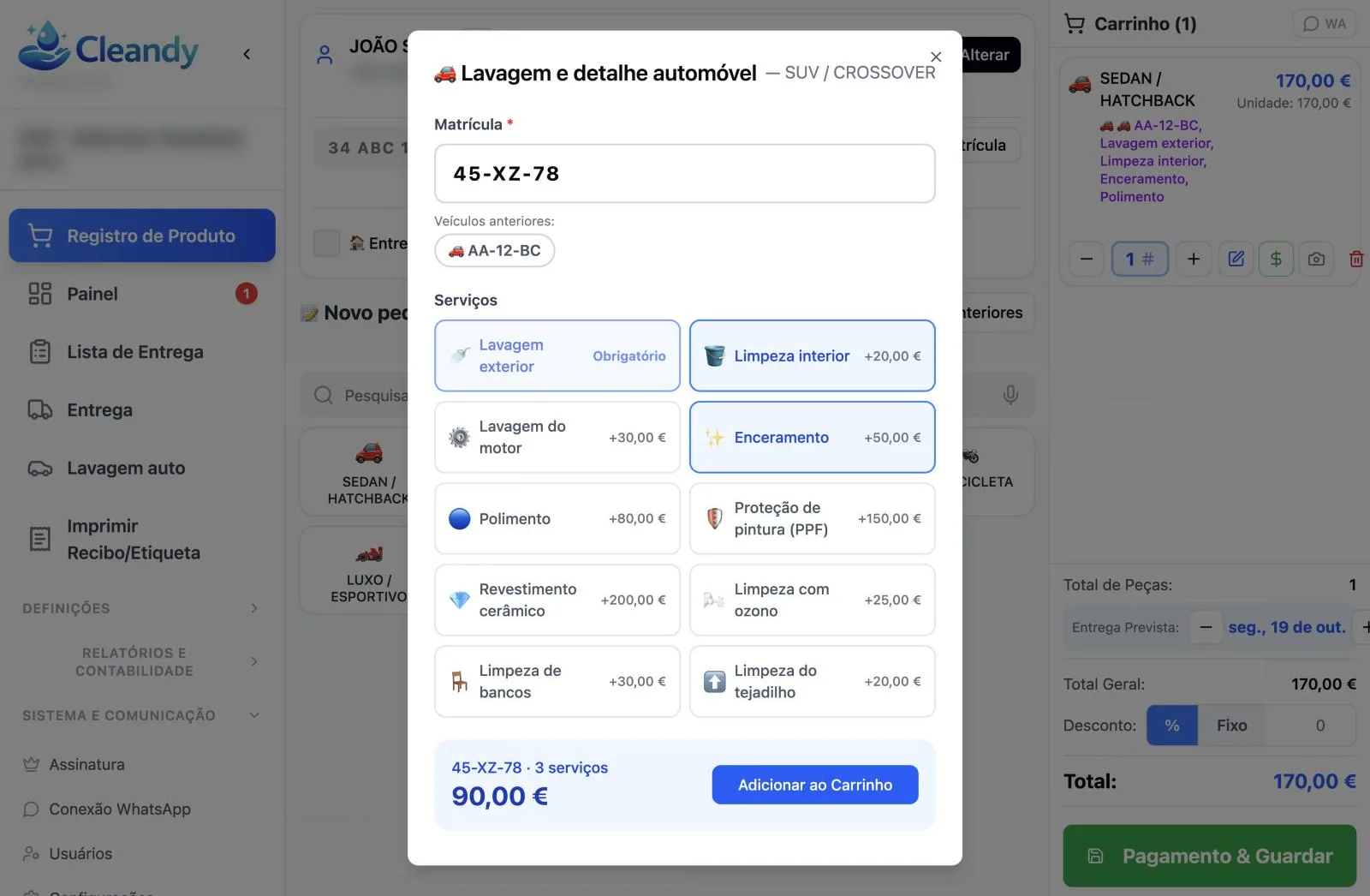 Ecrã de pedidos do Cleandy para lavagem auto