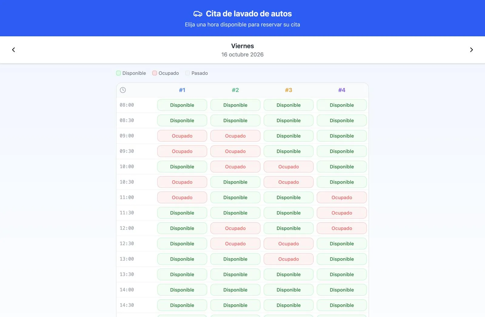 Calendario de reservas online para autolavado