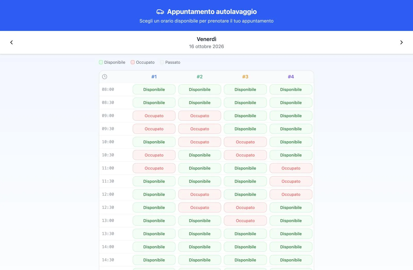 Calendario prenotazioni online per autolavaggio