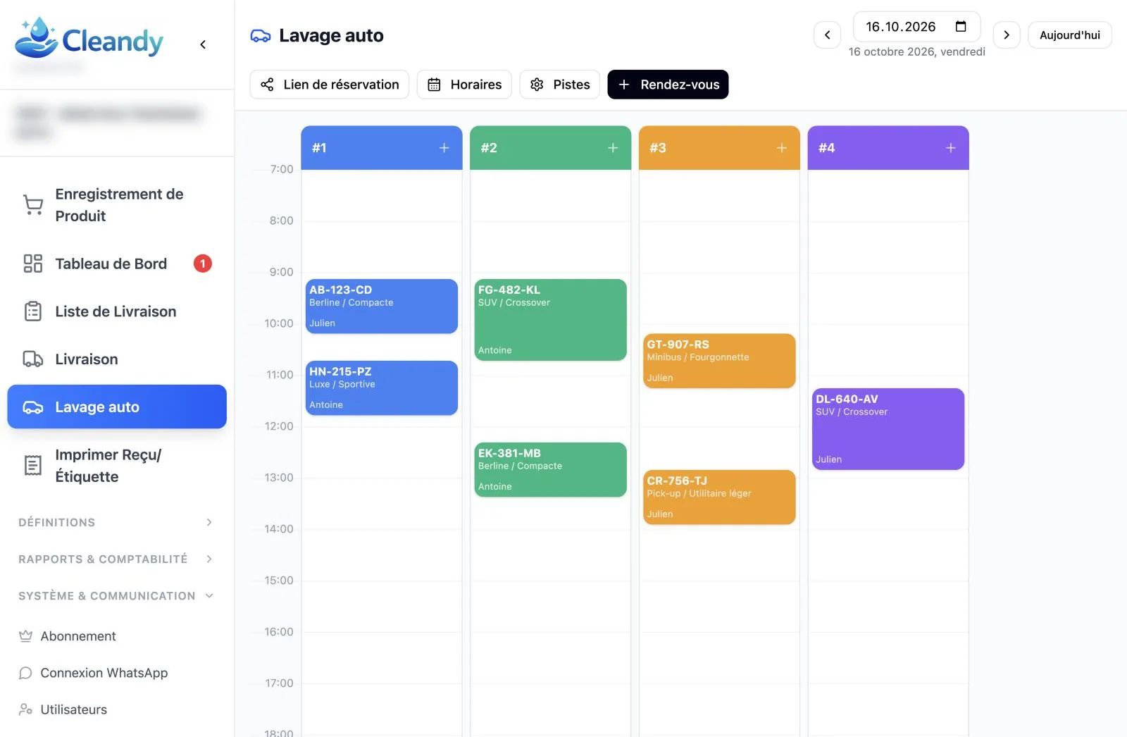 Agenda de rendez-vous Cleandy par employé