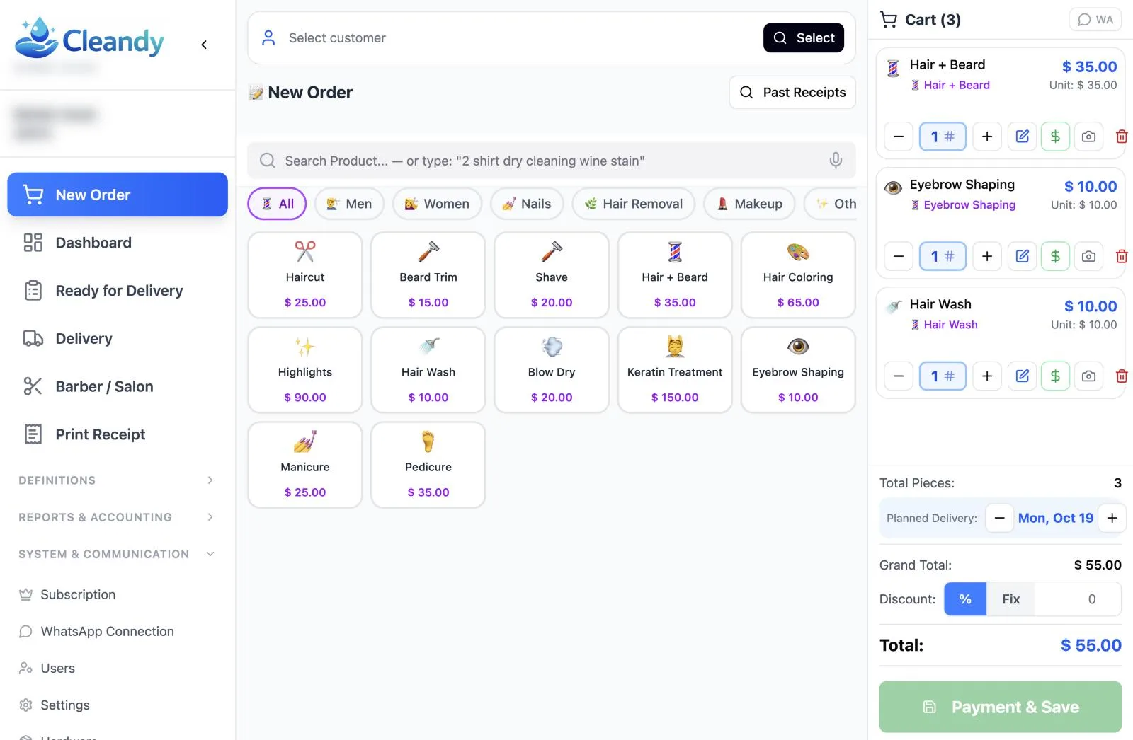 Cleandy beauty studio order screen