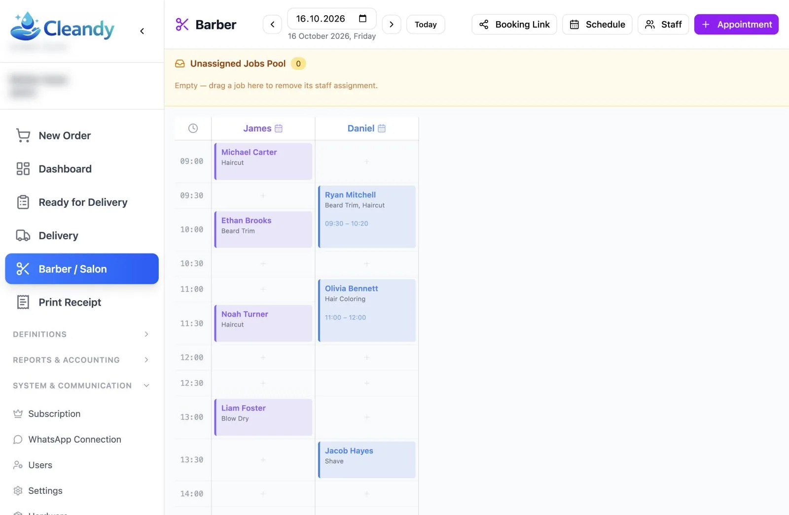 Cleandy staff-based appointment calendar