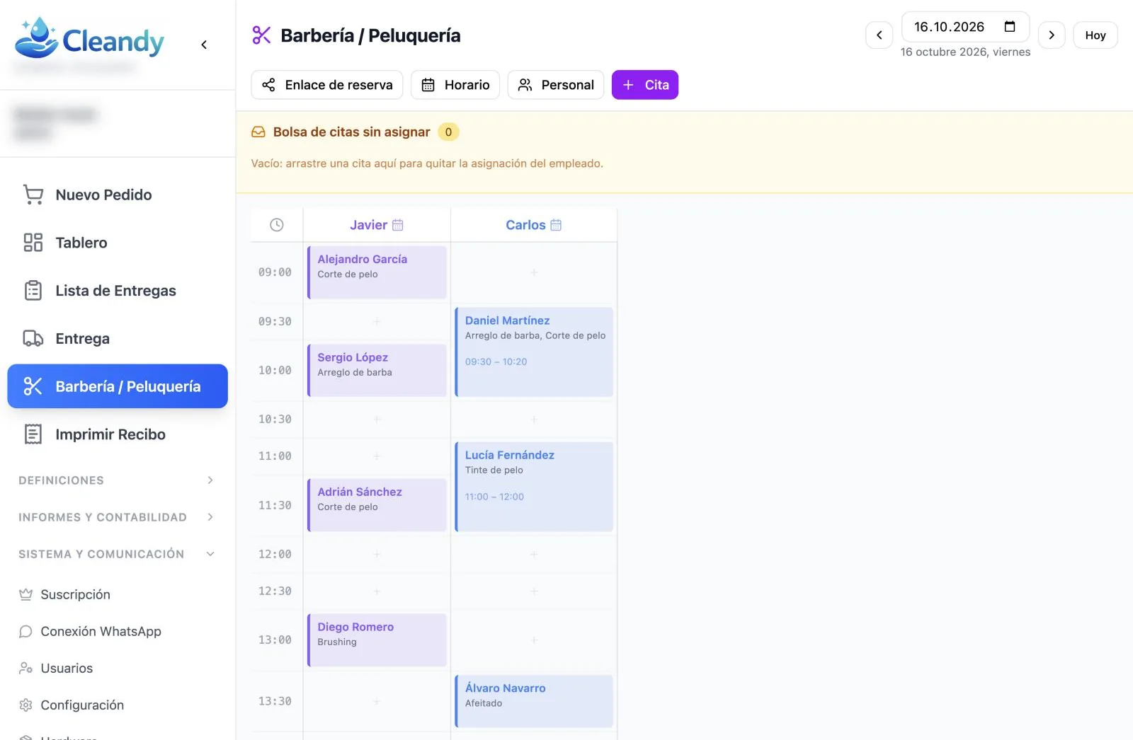 Calendario de citas por empleado de Cleandy