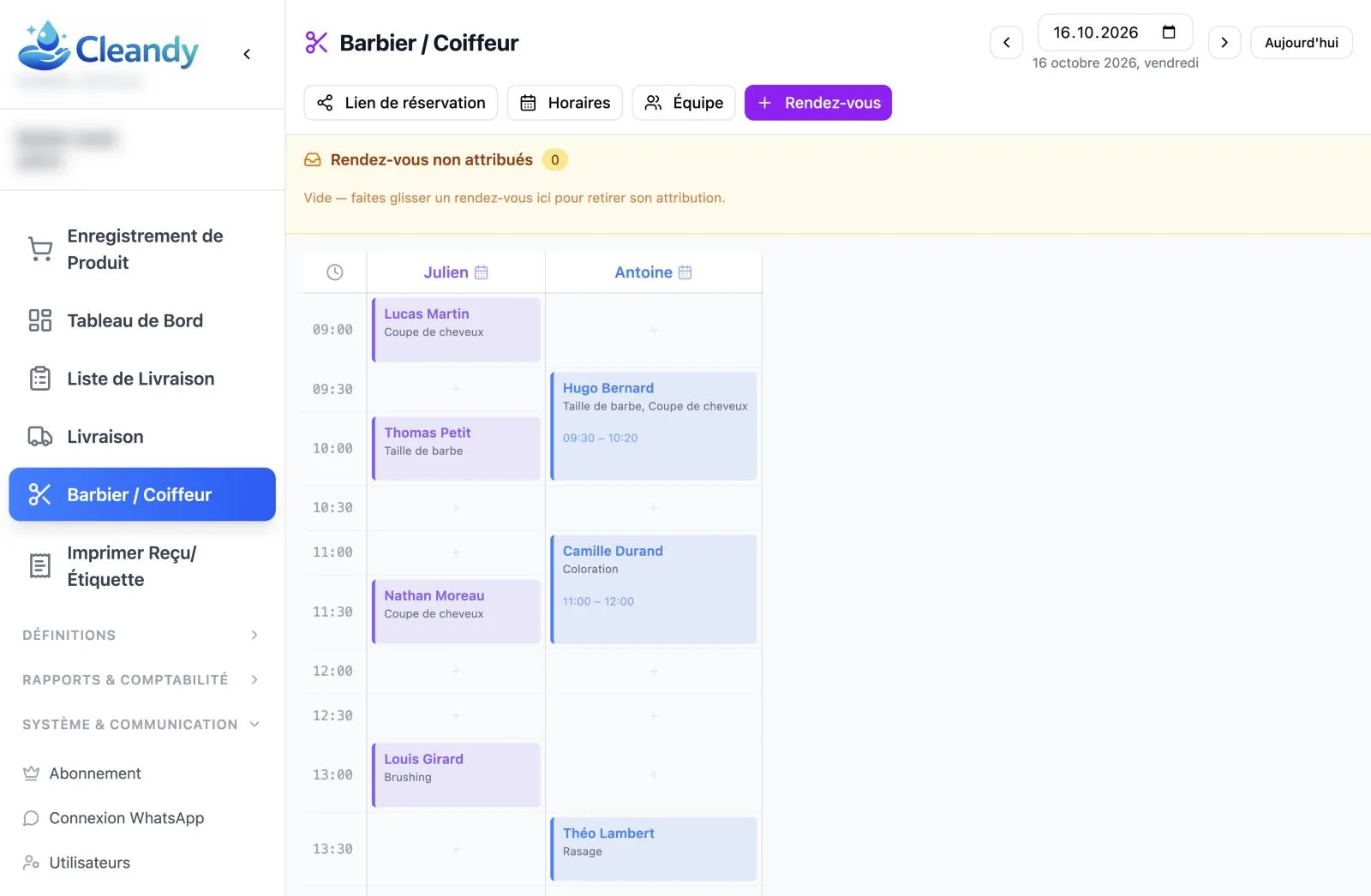 Agenda de rendez-vous Cleandy par employé