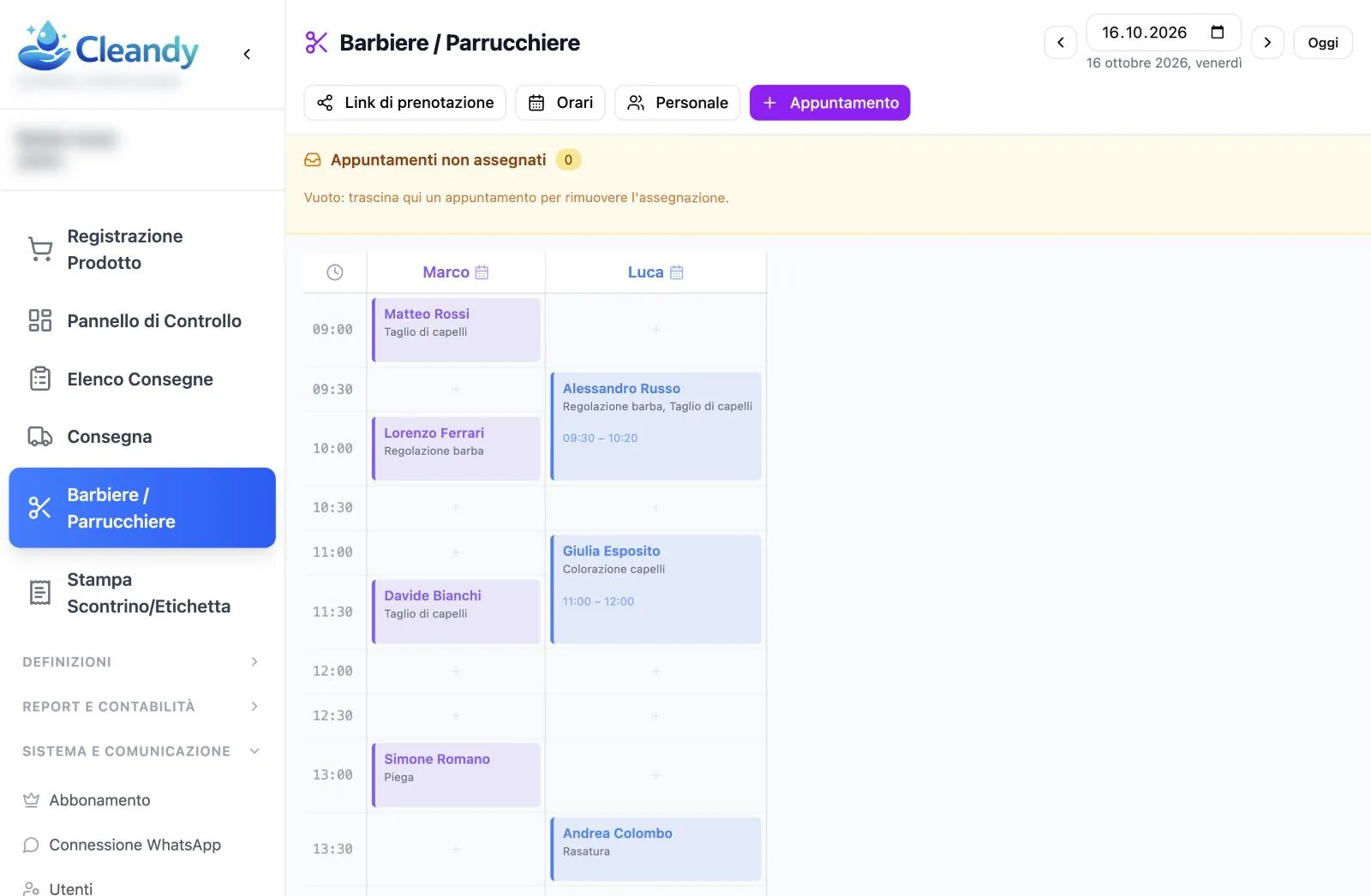 Calendario appuntamenti per dipendente di Cleandy