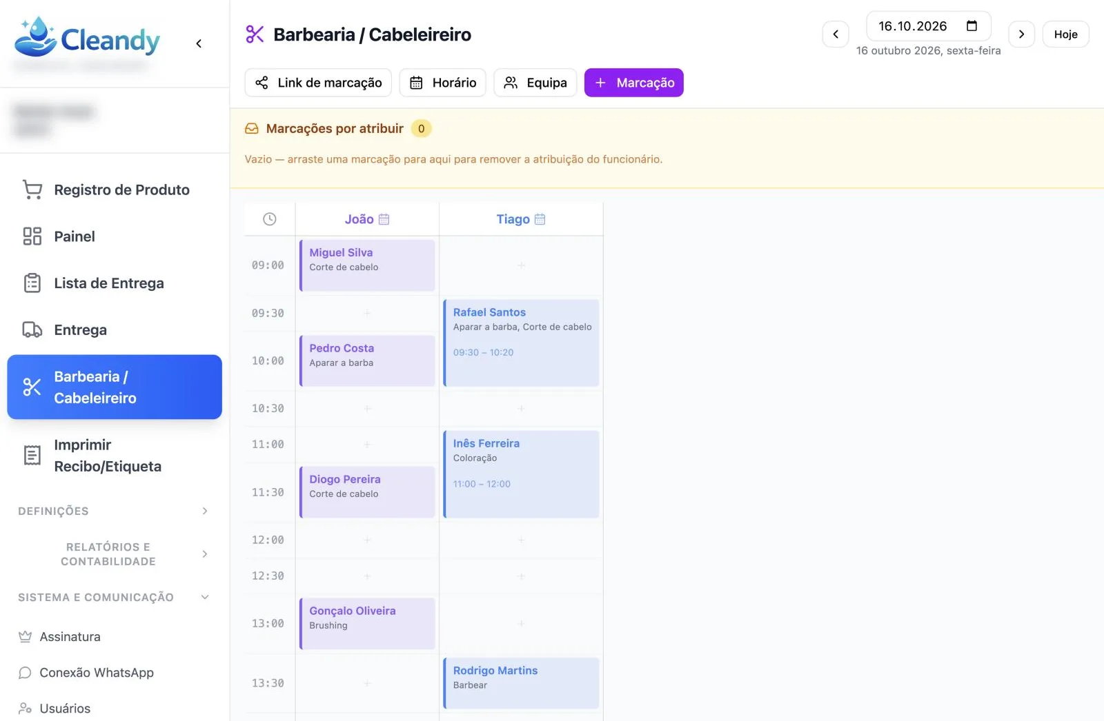 Calendário de marcações por funcionário do Cleandy