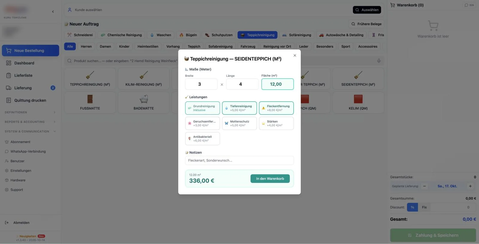Cleandy Software für Teppichreinigung, Auftragsbildschirm — m²-Berechnung, Leistungsauswahl