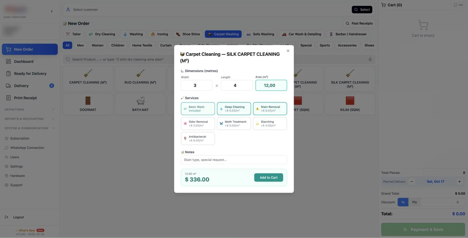 Cleandy carpet cleaning software order screen — m² calculation, service selection
