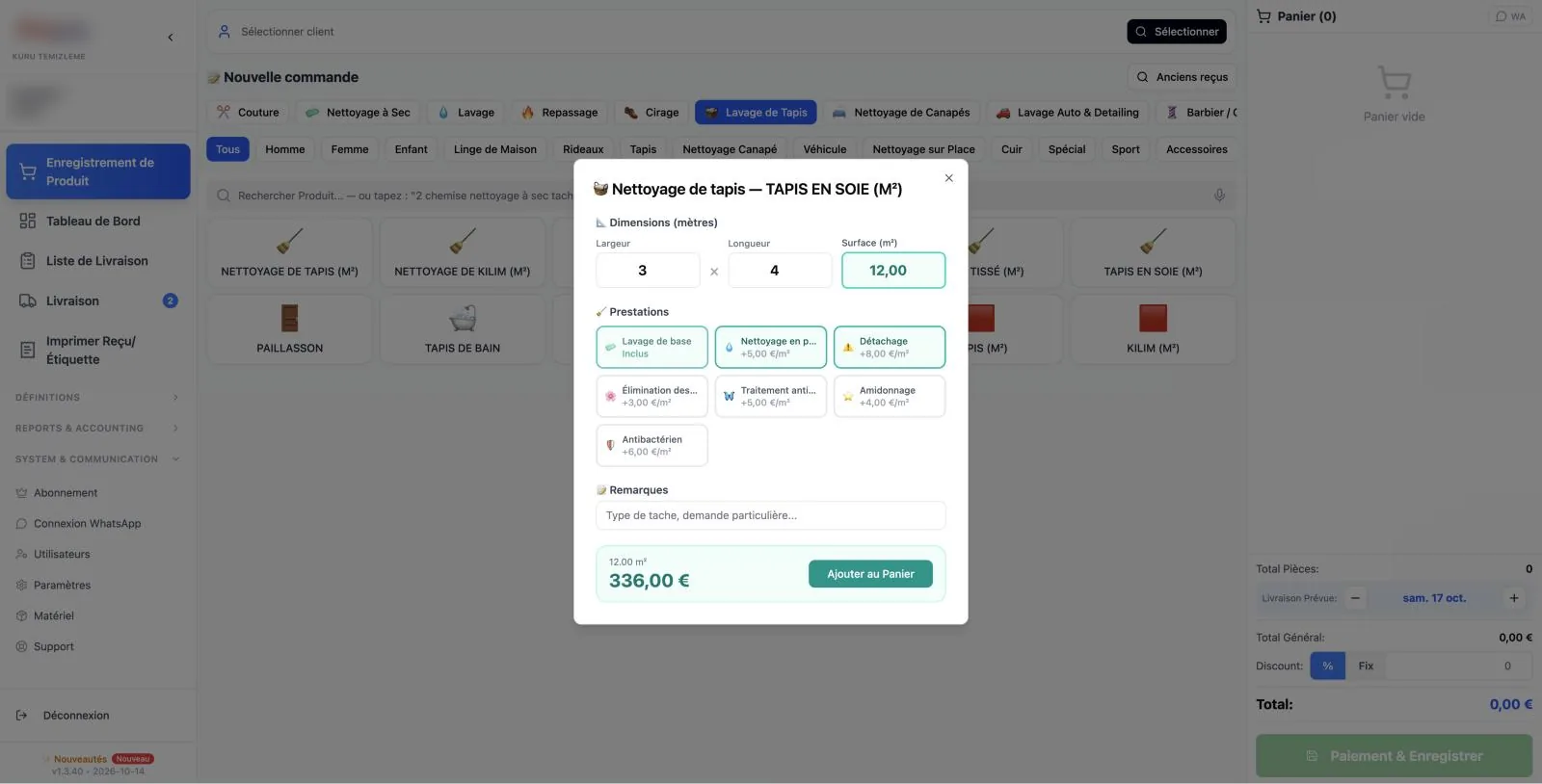 Écran de commande du logiciel de nettoyage de tapis Cleandy — calcul au m², choix des services