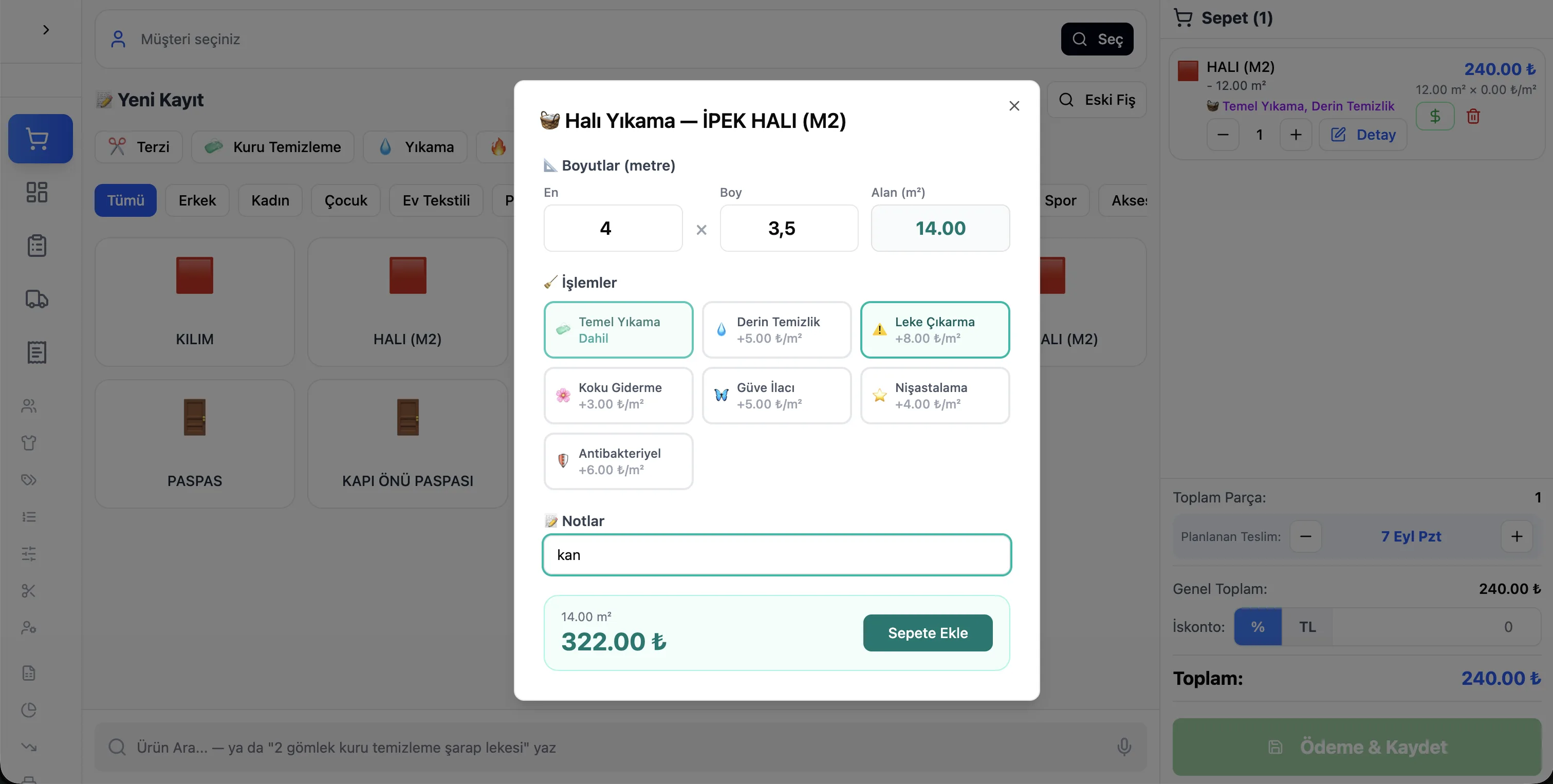 Cleandy halı yıkama programı sipariş ekranı