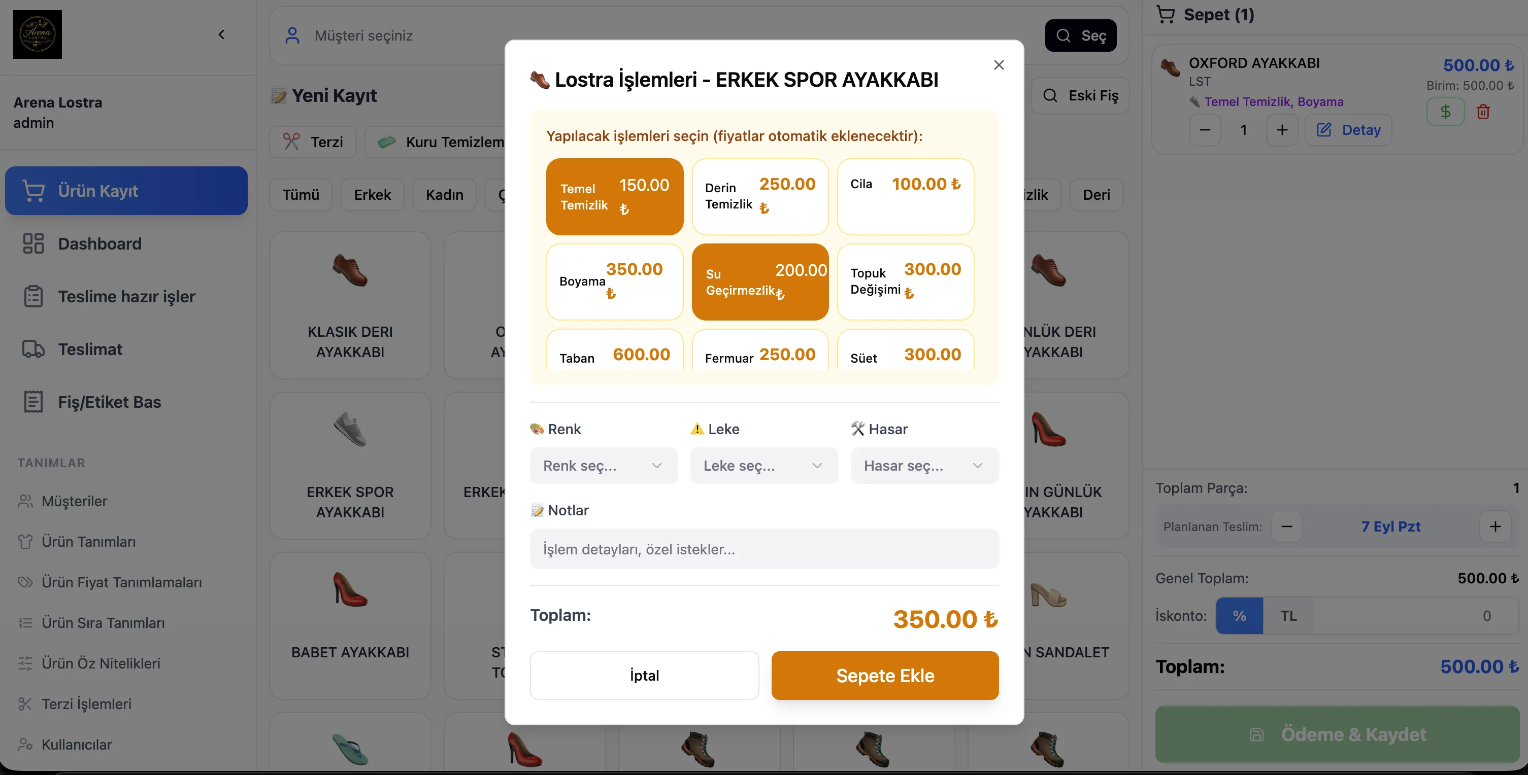 Cleandy lostra programı — sipariş ekranı