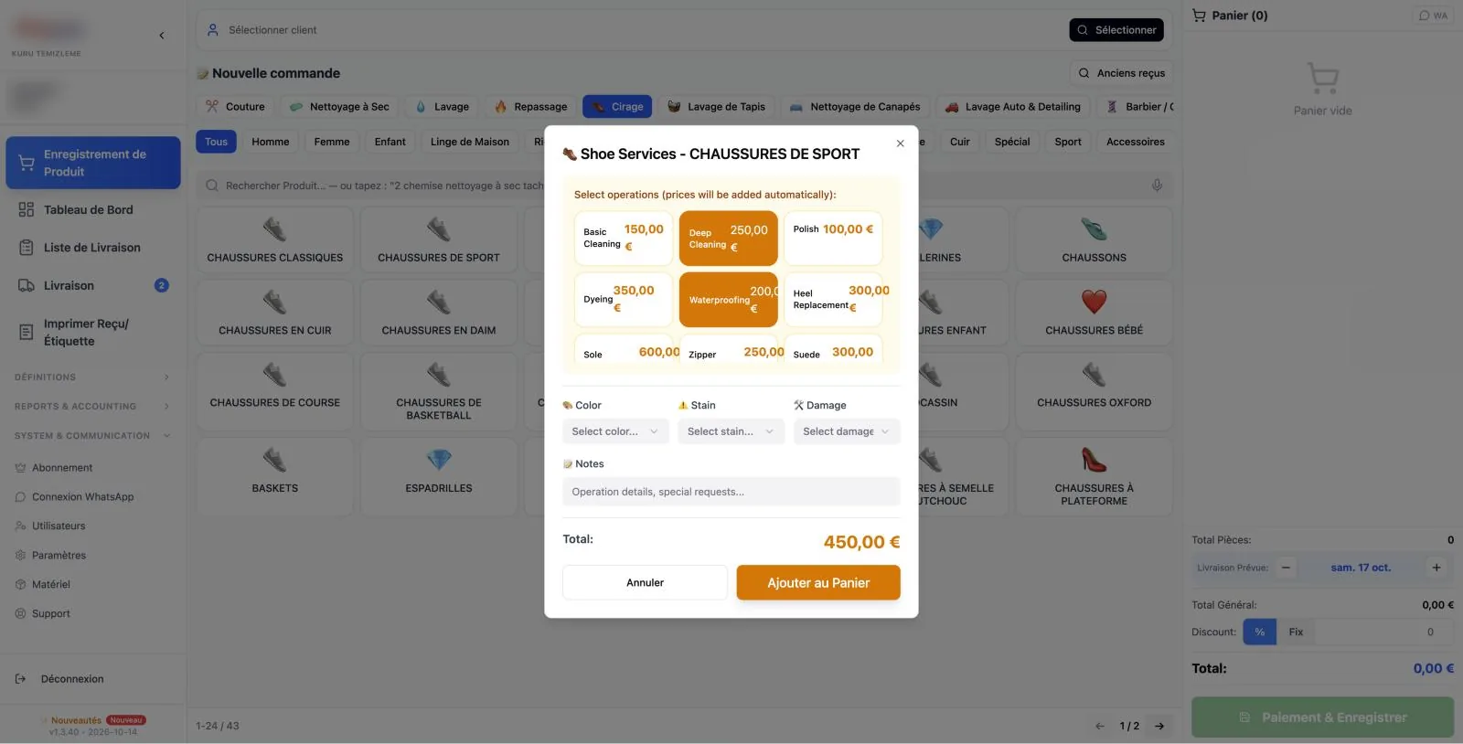 Logiciel d’entretien de chaussures Cleandy — écran de commande avec choix des services et relevé des dommages