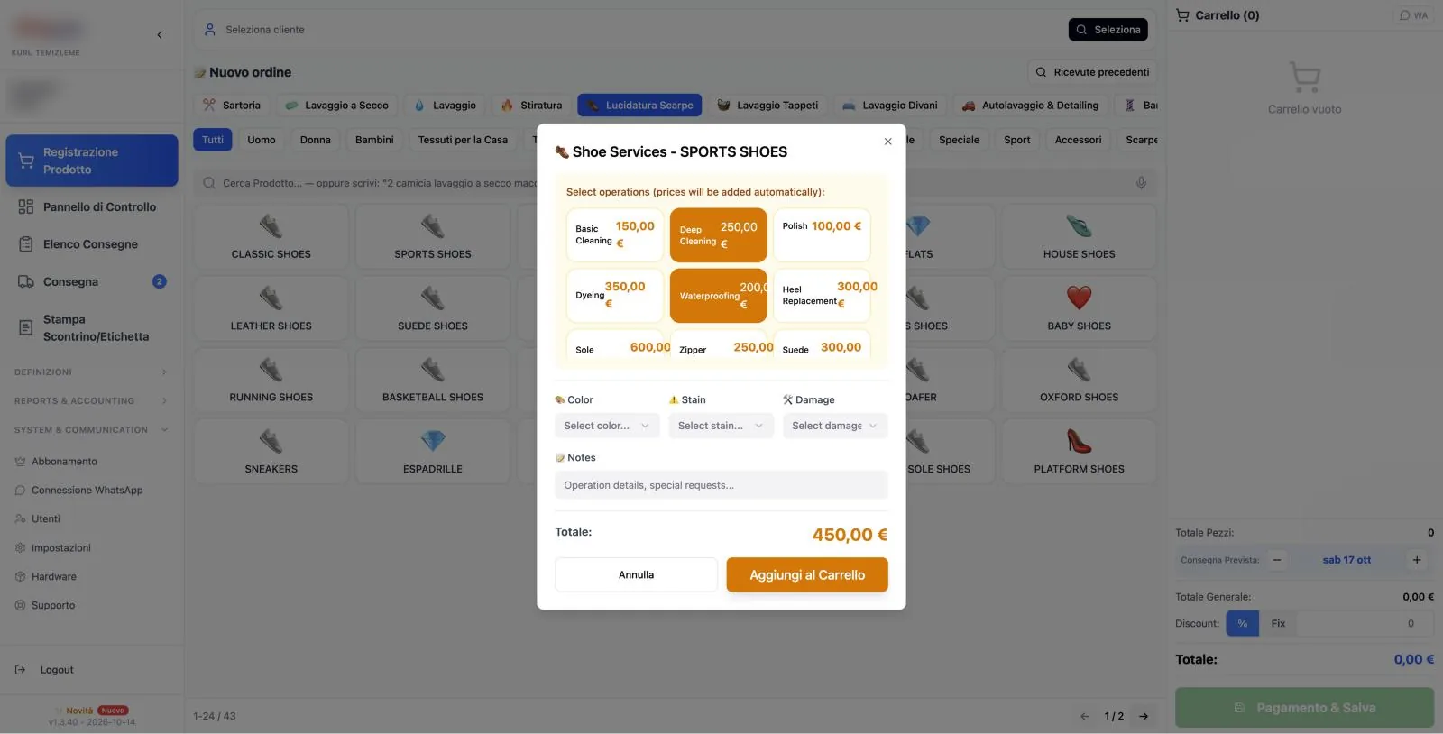 Software Cleandy per calzolerie: schermata ordini con selezione servizi e registro danni