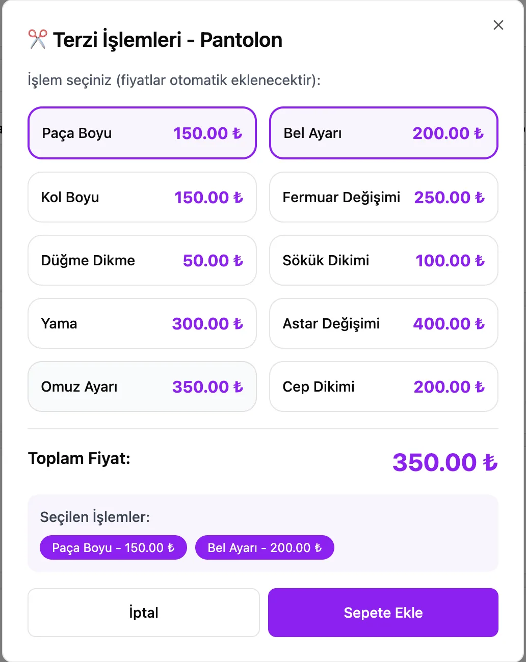 Cleandy terzi programı sipariş ekranı