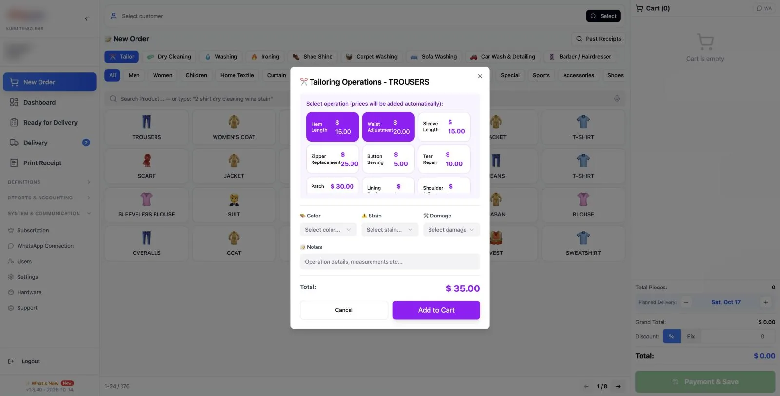 Cleandy tailor software order screen