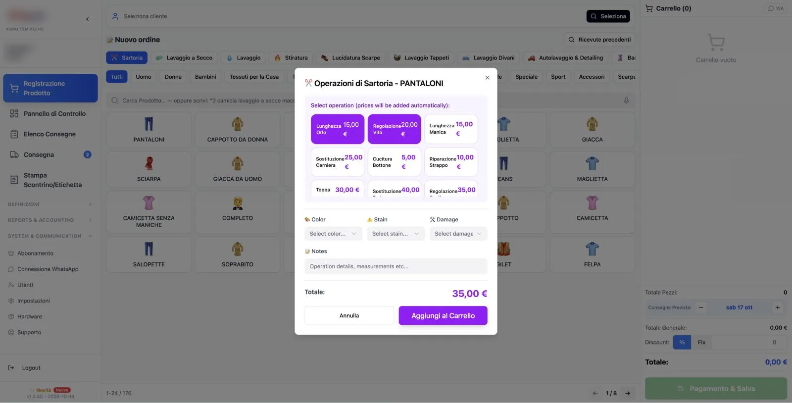 Schermata ordini del software Cleandy per sartorie