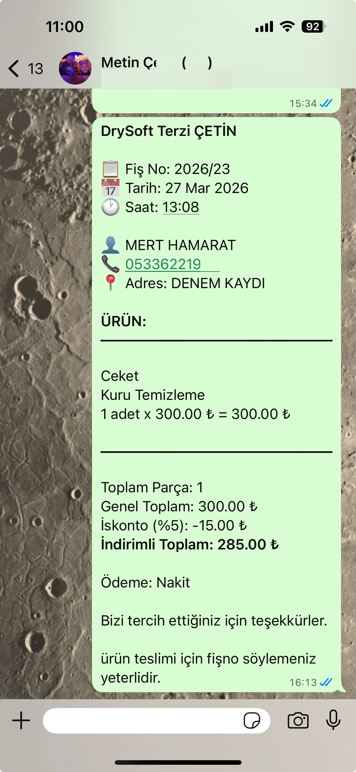 WhatsApp fiş ekranı