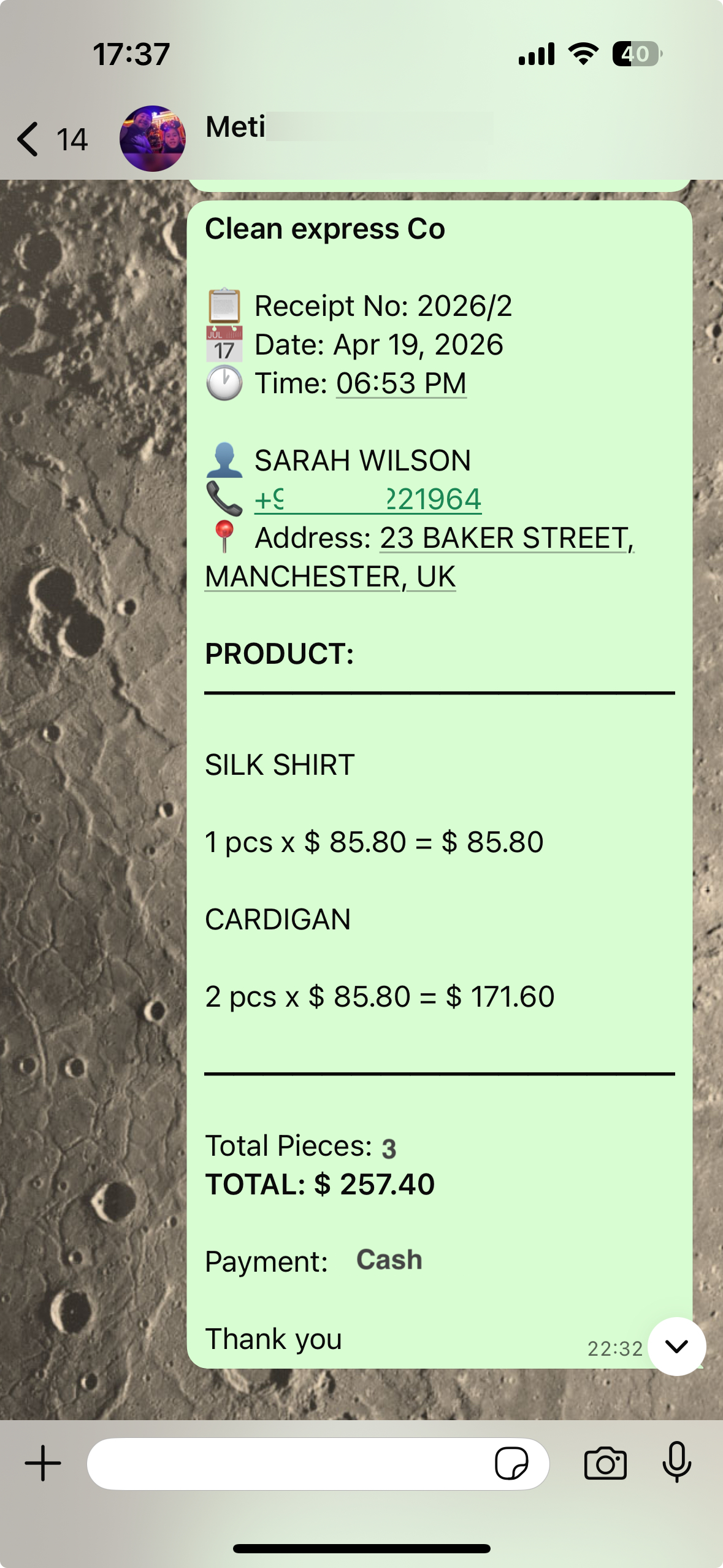 WhatsApp receipt screen