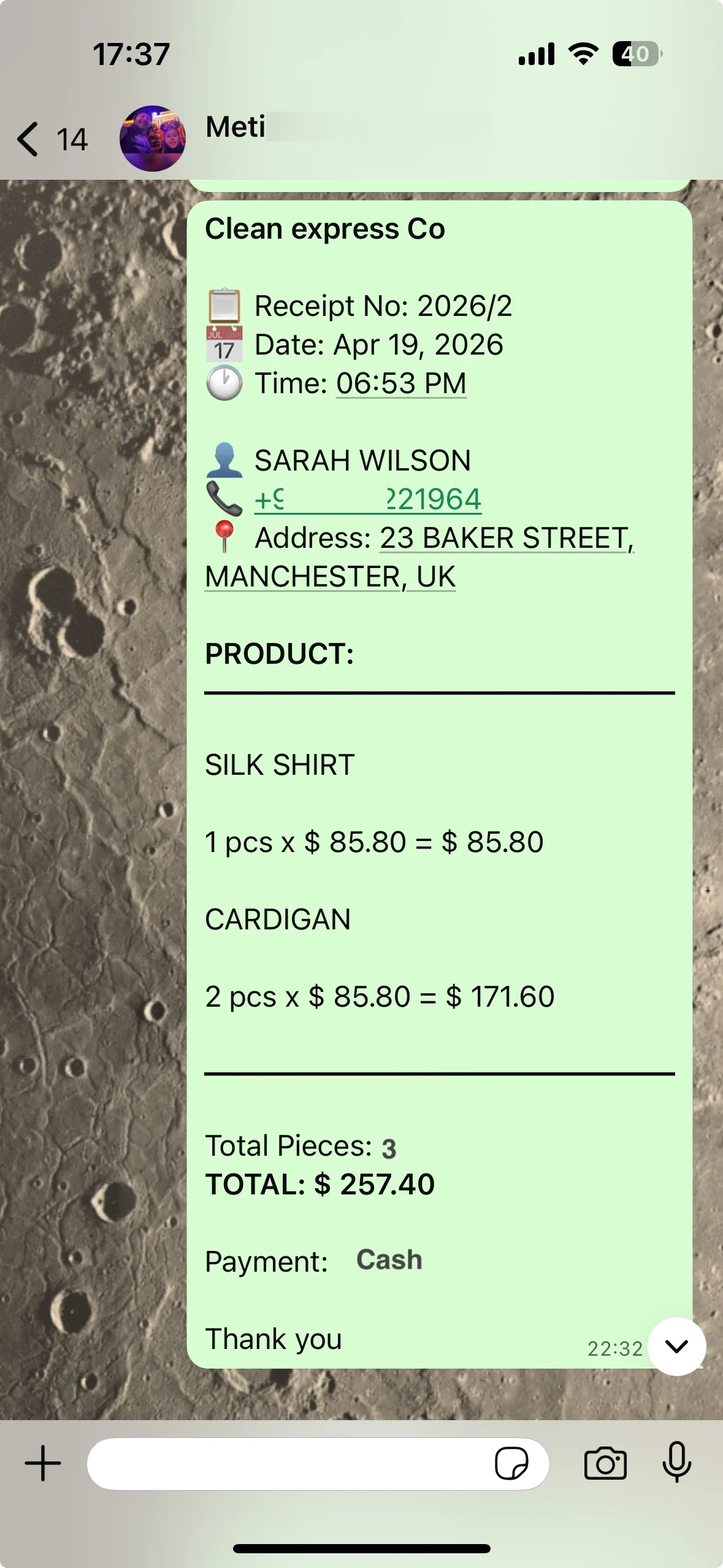 WhatsApp receipt screen